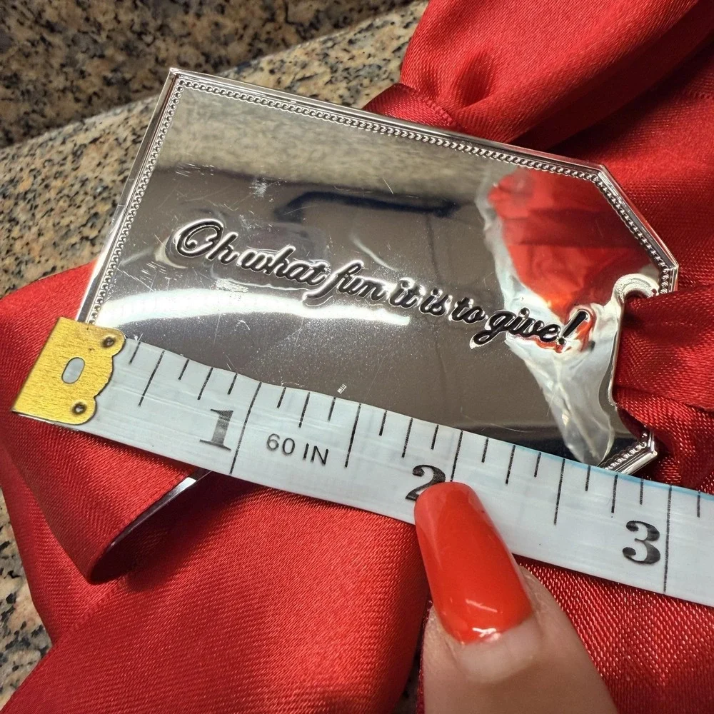Neiman Marcus Red Satin Bow Bauble Medium Silver Tone Tag Christmas Gift Wrap